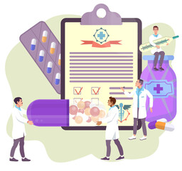 Medicine concept. Medical prescription. Painkillers, drugs, pharmacy banner. Doctor is writing in the medical record. Flat vector illustration. 