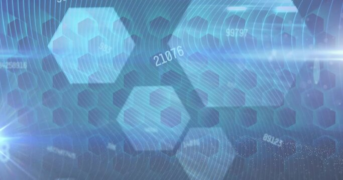 Animation of data processing over shapes on blue background