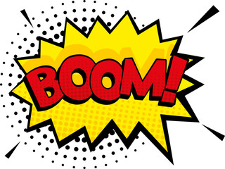 Boom colorful sticker in comic explosion style. Splash frame