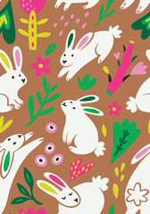 Fototapeta na wymiar Seamless pattern with white silhouette rabbits, flowers and leaves. Vector illustration