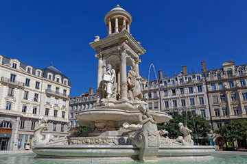 Fototapeta na wymiar LYON, FRANCE, September 21, 2022 : Fountain in Place des Jacobins, in the World Heritage Site city center, and one of the most famous place in Lyon.