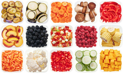 Plastic containers with chopped vegetables. Top view of raw vegetables (zucchini, carrots, bell...