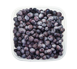 Plastic container with frozen blackberry. Top view of frozen food isolated on white background. Preparing vegetables for freezing. Storage for winter storage in trays