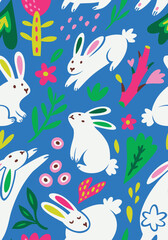 Seamless pattern with white silhouette rabbits, flowers and leaves isolated on blue background. Vector flat illustration
