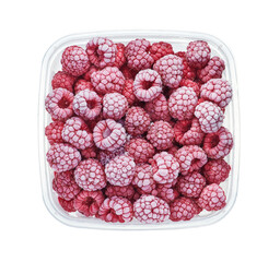 Plastic container with frozen raspberry. Top view of raw fruits isolated on white background. Storage for winter storage in trays