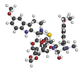Lurbinectedin cancer drug molecule, 3D rendering.