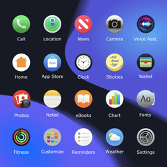 Round icons for web and mobile applications set. Desktop icon pack. Premium smartphone app shortcuts. Customize theme. Vector illustration.