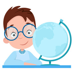 Cute boy student in glasses smiling and looking at the globe