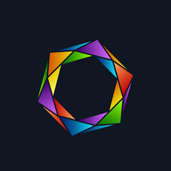 Geometric logo.Star shape decorative tech triangles.Modern design icon isolated on dark background.Illustration graphic sign.Creative style symbol.Colorful geometry.