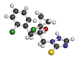 Prothioconazole fungicide molecule, 3D rendering.