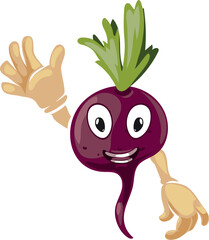 Beet character waving hand. Friendly cartoon vegetable