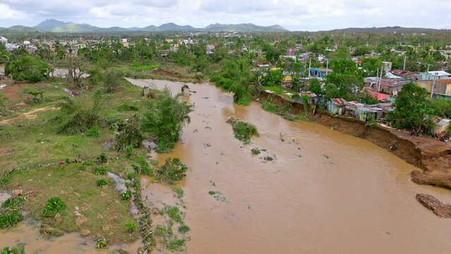 Devastation of Hurricane Fiona at Los Platanitos in Higuey, Dominican Republic. Aerial forward