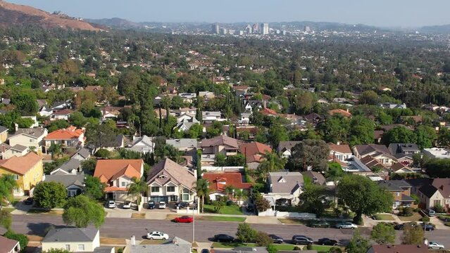 Aerial View Of Burbank Neighbours In The Southeastern end of the San Fernando Valley in Los Angeles County. Dolly Left