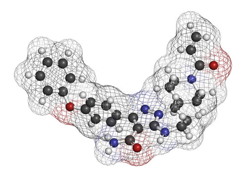 Zanubrutinib cancer drug molecule, 3D rendering.