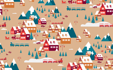 Background for Christmas gift paper, Christmas Greeting cards, banner, pattern with Christmas winter landscape. Vector illustration seamless.