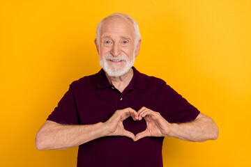 Photo of cute aged grey hairdo man show palms wear blueberry t-shirt isolated on yellow color background