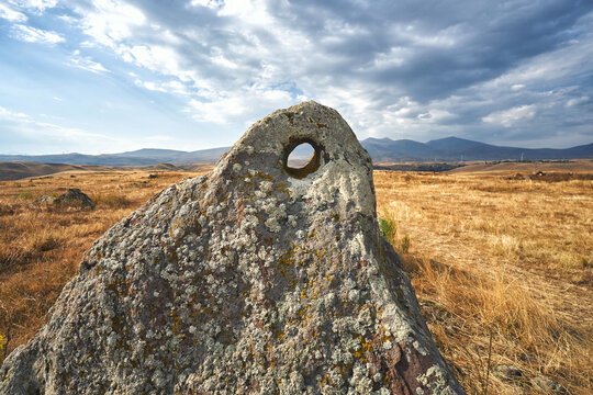 Stone with a hole at Carahunge prehistoric archaeological site in Armenia