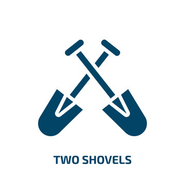 two shovels icon from construction collection. Filled two shovels, shovel, two glyph icons isolated on white background. Black vector two shovels sign, symbol for web design and mobile apps