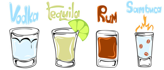 Set of alcoholic shot glases. Hand drawn glasses of vodka, tequila, rum and sambuca. Vector illustration. Contour element - obrazy, fototapety, plakaty