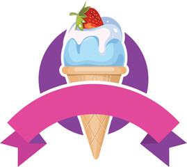 Waffle cone with pink ribbon. Cartoon ice cream logo template