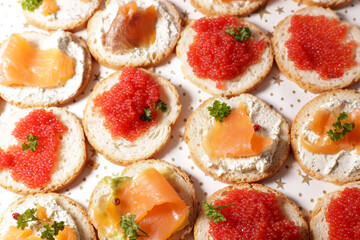 festive canape toast with caviar or salmon