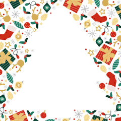 A frame in the shape of a Christmas tree made of Christmas elements. An empty space inside the frame.