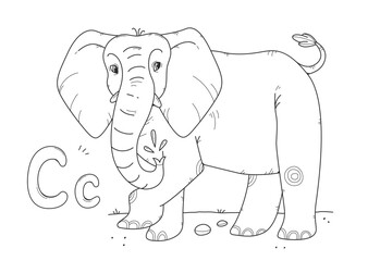 Elephant coloring book with russian large and small letters C. Children's coloring page alphabet. Vector linear illustration with an animal.