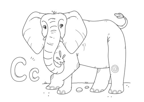 Elephant coloring book with russian large and small letters C. Children's coloring page alphabet. Vector linear illustration with an animal.