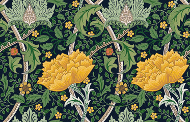 Floral seamless pattern with big orange flowers on dark green background. Vector illustration. - 532428782