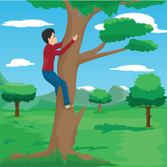 boy trying to climb tree in natural environment