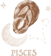 Hand drawn magic bunny illustration, moon and stars. Cute watercolor bunny. Zodiac constellation Pisces