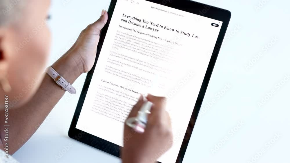 Poster student, lawyer scholarship and tablet online application while reading and doing research to study 