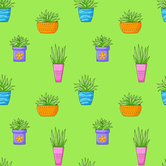 Seamless pattern with different cactus, succulent plant in bright flower pot. Cartoon Cacti. Hand drawing background with houseplants. Vector illustration on green background