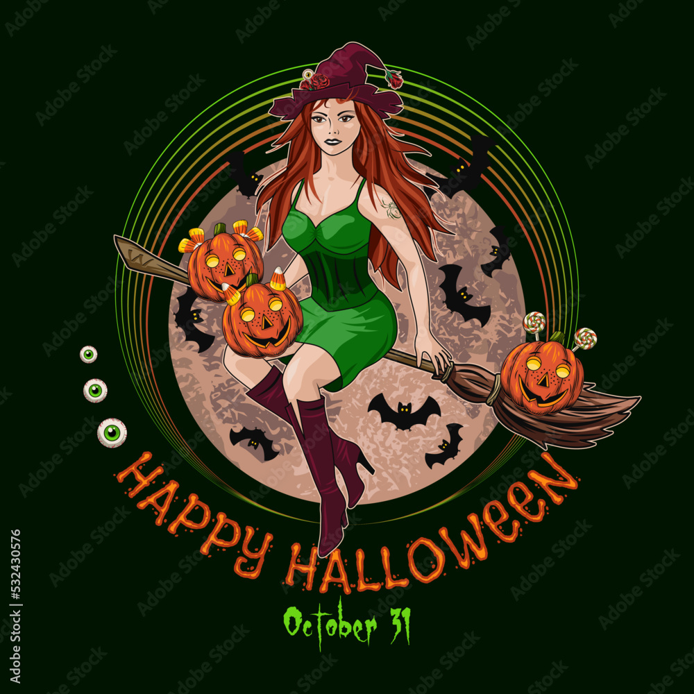 Wall mural Round emblem with young beautiful witch flying on broomstick, pumpkins like little kids, eyesballs, silhouette of bats, full red moon behind, text Happy Halloween Color illustration in vintage style