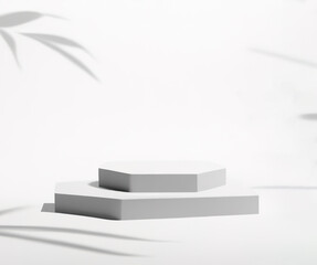 White product display podium with shadow and nature leaves on white background - 3D rendering