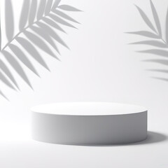 White product display podium with shadow and nature leaves on white background - 3D rendering