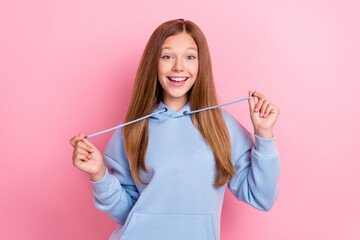 Portrait photo of young nice pretty cute funny little girl school learner wear hoodie playful...