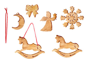 Hand drawn watercolor illustration of a Christmas tree wooden toys set. Isolated on transparent background. New Year's symbol for design, print, card.