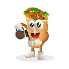 Cute burrito mascot drinking coffee, coffee time
