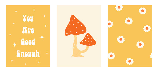 Set of colorful groovy posters in 70s and 60s hippy art style. Psychedelic mushroom, daisy flowers and positive phrase illustrations for prints and cards. Vintage nostalgia vector postcards - obrazy, fototapety, plakaty
