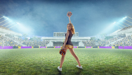 Group of cheerleaders in action on  stadium in night