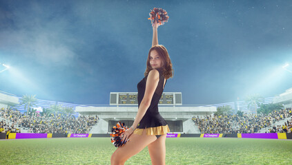 Group of cheerleaders in action on  stadium in night