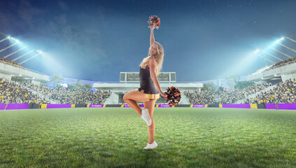 Group of cheerleaders in action on  stadium in night