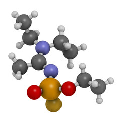 Novichok agent A-234 molecule, chemical structure as proposed by Mirzayanov, 3D rendering.