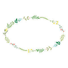Oval floral frame from various wildflowers in pastel colors. Card template with copy space for holidays wedding