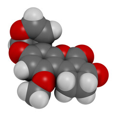 Aflatoxin B1 mold carcinogenic molecule, 3D rendering.