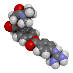 Camostat drug molecule. Serine protease inhibitor, investigated for treatment of Covid-19, 3D rendering.