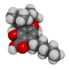 Cannabicyclolic acid cannabinoid molecule, 3D rendering.