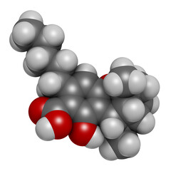 Cannabicyclolic acid cannabinoid molecule, 3D rendering.