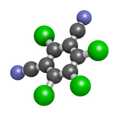 Chlorothalonil pesticide molecule, 3D rendering.